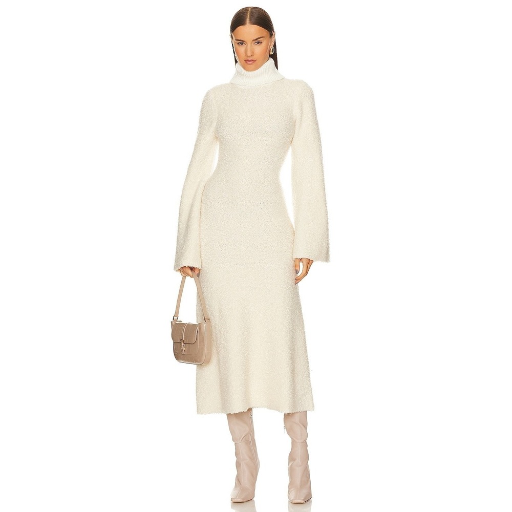 GRLFRND Size XS Ivory Maeko Boucle Thick Knit Midi Sweater Dress Bell Sleeve - Picture 4 of 10